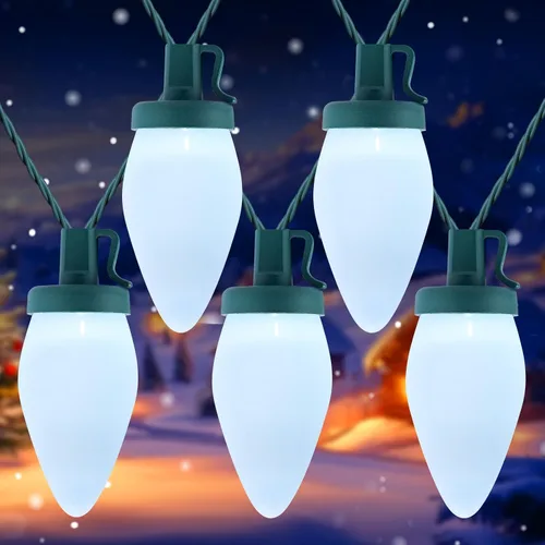 Vista 9 de Luces de Navidad C9 para Exteriores, 100 Pies de Luces de Cadena Impermeables Color Fresa con 100 Bombillas, Luces Impermeables Conectables