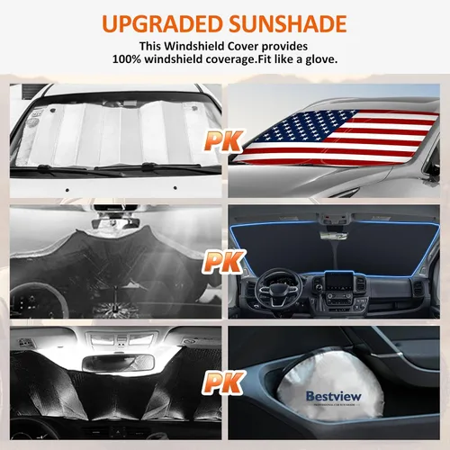 Vista 4 de Bestview - Parasol para parabrisas con bandera americana para Ford F-250 F-350 de 2008-2016, parasol plegable personalizado para ventana delantera