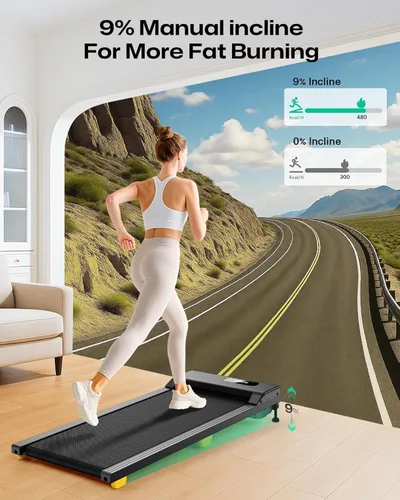 Vista 2 de UREVO Caminadora manual inclinada debajo del escritorio con programa HIIT para el hogar y la oficina, caminadora plegable 3 en 1 con control remoto