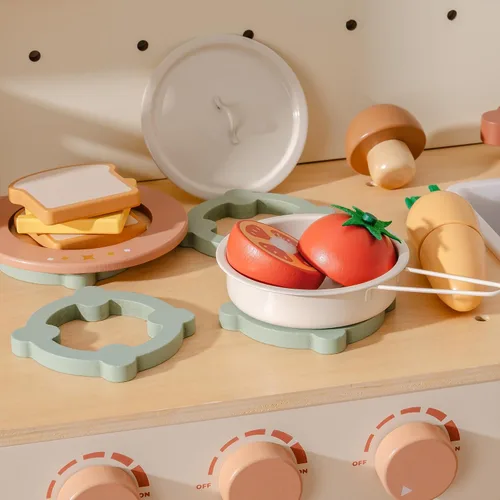 Vista 5 de ROBOTIME Juego de comida de madera 4 en 1, juego de juguete de simulación para jugar cocina con bolsa de compras, accesorios de cocina para niños