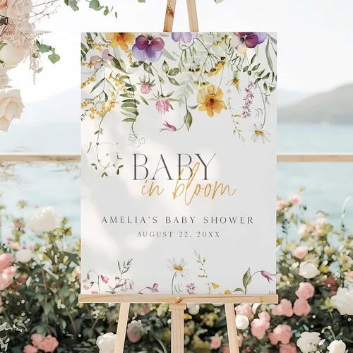 Vista 29 de Letrero de bienvenida personalizado de flores silvestres para baby shower, letrero floral bohemio para baby shower, letrero con nombre personalizado