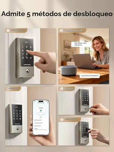 Vista 5 de TCL Cerradura inteligente D2, cerradura de puerta de entrada sin llave con control de aplicación, códigos de acceso, llaves mecánicas y códigos