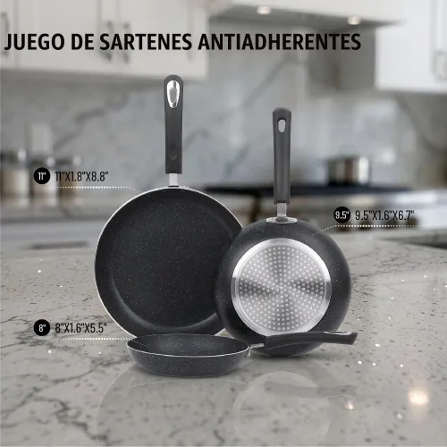 Vista 4 de Juego de sartén antiadherente, 3 piezas, compatible con inducción, 8 pulgadas, 9.5 pulgadas y 11 pulgadas