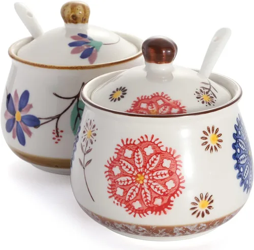 Vista 8 de Azucareros de porcelana Juego de 2 azucareros de cerámica con tapa y cuchara, tarro de almacenamiento de azúcar, recipiente dispensador de azúcar