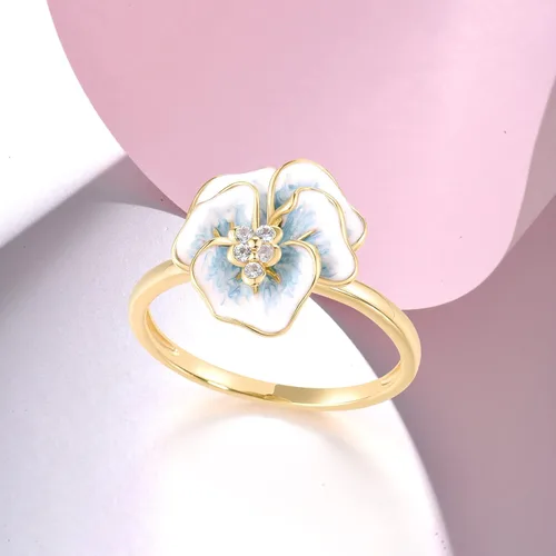 Vista 10 de Santuzza Anillo de diamante genuino de flor esmaltada de oro sólido amarillo de 10 quilates para mujer