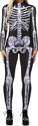 Vista 24 de Disfraz de esqueleto de calavera para mujer, overol de una pieza para Halloween 3D printed skull skeleton robot costume, Back zipper closure