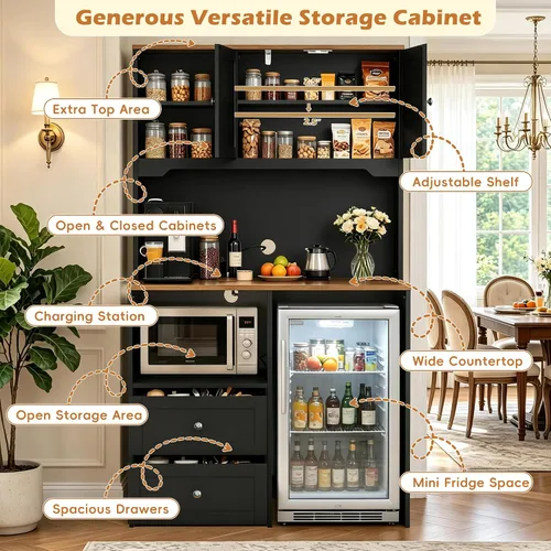 Vista 4 de 72" Kitchen Pantry Storage Cabinet with Fridge Space, Black