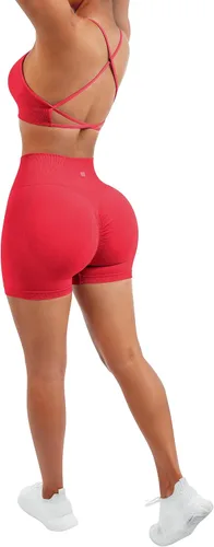 Vista 5 de SUUKSESS Conjuntos de entrenamiento sin costuras para mujer, sujetador deportivo con tiras y cintura alta, pantalones cortos