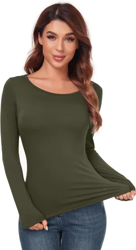 Vista 5 de AUHEGN - Camiseta de manga larga para mujer, cuello en halter, ajuste slim, blusa térmica de capas básicas Verde militar