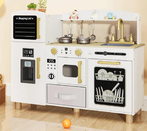 Vista 10 de INFANS Juego de cocina para niños, juego de juguetes de cocina de madera para niños pequeños con tablero de dibujo acrílico, máquina de hielo