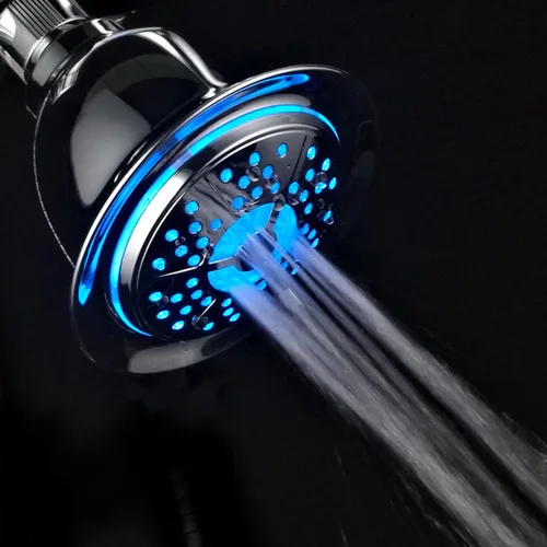 Vista 3 de PowerSpa - Cabezal de ducha LED cromado de 4 ajustes con tecnología de boquilla de presión turbo de chorro de aire; 7 colores de luces LED cambian