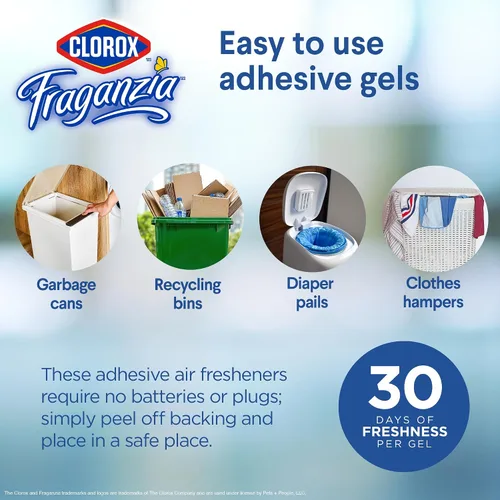 Vista 4 de Clorox Fraganzia - Geles ambientadores adhesivos en Island Escape, 6 unidades Ambientador sin enchufe, sin batería para latas de basura y más, 6