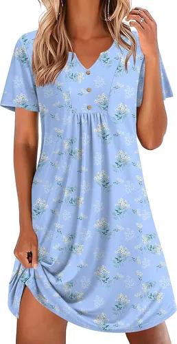 Vista 23 de Ekouaer Camisones para mujer de algodón Vestidos de noche Plisados Camisones Henley Cuello en V Camisas de dormir de manga corta Ropa de dormir