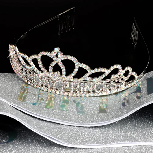 Vista 8 de CIEHER Set de Corona y Banda, Decoraciones de Cumpleaños de Princesa, Oro, Talla única