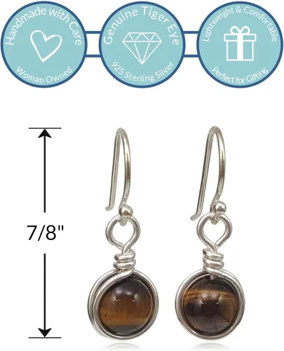Vista 2 de Pendientes de gota de ojo de tigre de plata esterlina, joyas colgantes de piedras naturales hechas a mano