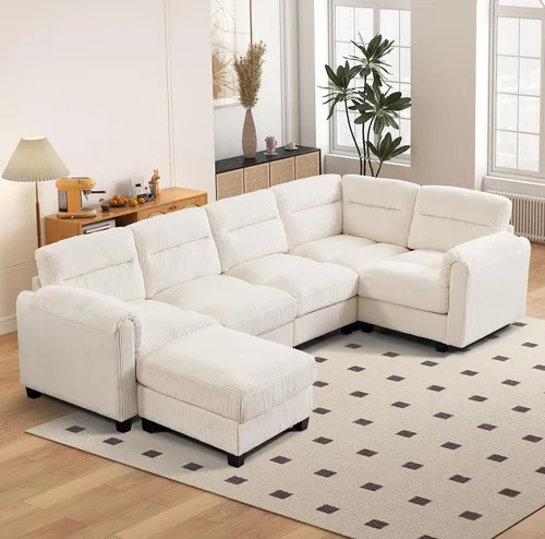 Vista 59 de HAOMARKETS Sofá esquinero modular en forma de L de 115 pulgadas con 2 otomanas móviles, sofás de pana de 8 plazas con cojín grueso para sala de Beige