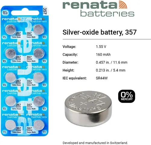 Vista 2 de Renata 357 SR44W Baterías – 1.55 V Óxido de Plata 357 Batería de reloj (2 unidades)
