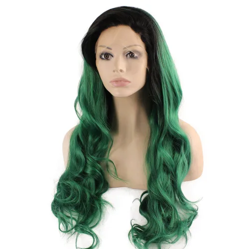 Vista 3 de Mxangel Peluca larga ondulada con encaje frontal sintético negro verde degradado para fiesta de cosplay