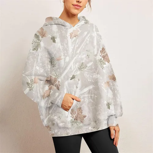 Vista 3 de GEILLGI Sudaderas con capucha de camuflaje para mujer, estampado de hojas de arce, sudadera de manga larga de gran tamaño con bolsillo, suéter