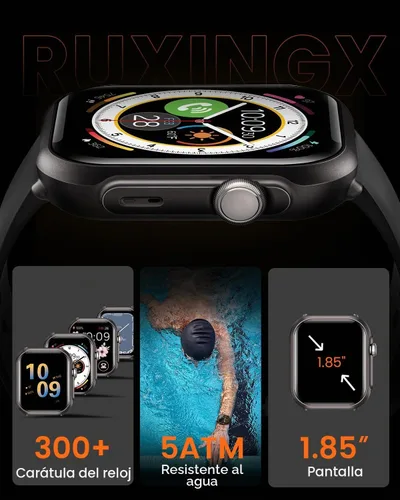 Vista 6 de Relojes inteligentes para mujeres y hombres, reloj inteligente HD de 1.85 Negro