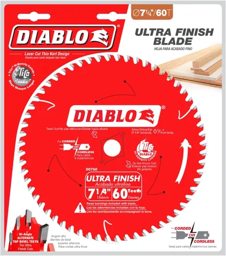 Vista 2 de Diablo Hoja de sierra de carburo ultra acabado para madera, 7-1/4 pulgadas de diámetro, 60 dientes ATB, eje de 5/8 pulgadas, corte de 0.059