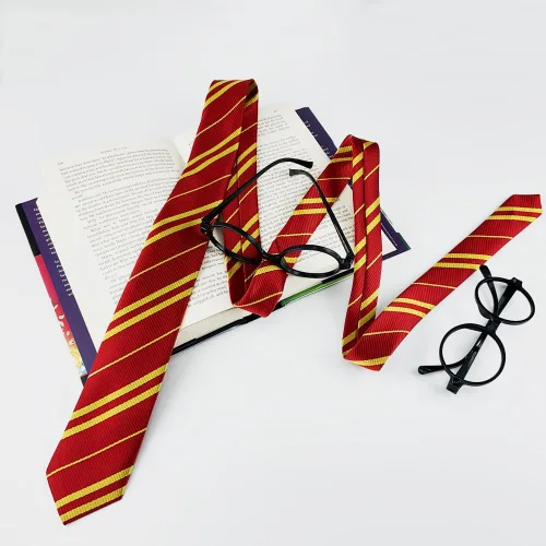 Vista 3 de 1 corbata de mago + 2 gafas de mago, corbata de cosplay, gafas de plástico para disfraz, marco redondo negro, sin lentes para el día de la escuela