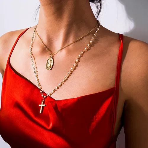 Vista 2 de itianxi Dainty Cross Charm Pendant Necklaces,14K Gold Tiny Three Ball Necklace,Simple Fashion Jewelry for Women