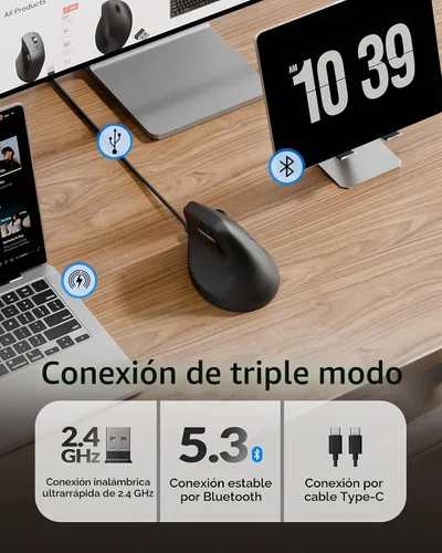 Vista 4 de Keychron M5 8K Ratón Ergonómico Vertical Inalámbrico, 2.4 GHz/Bluetooth 5.3/Ratones con Cable para Computadora Recargables, 5 Niveles Hasta 30K DPI