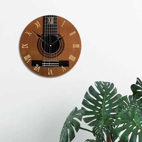 Vista 4 de Reloj de pared con aspecto de madera natural, reloj de pared de guitarra acústica, silencioso, redondo, de madera, funciona con pilas, reloj