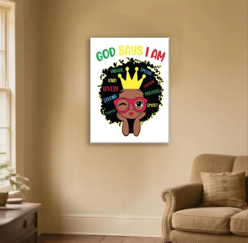 Vista 5 de Redland Art Decoración de Pared Motivacional para Niñas Negras en Lienzo Enmarcado Arte Cristiano Inspirador “Dios Dice Que Soy Yo” 29x37 cm