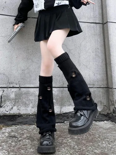 Vista 5 de Calentadores de pierna góticos Acubi Grunge Lolita Invierno Cuff Y2K Harajuku hasta la rodilla calcetines de punto japoneses Preppy Leggings Polainas