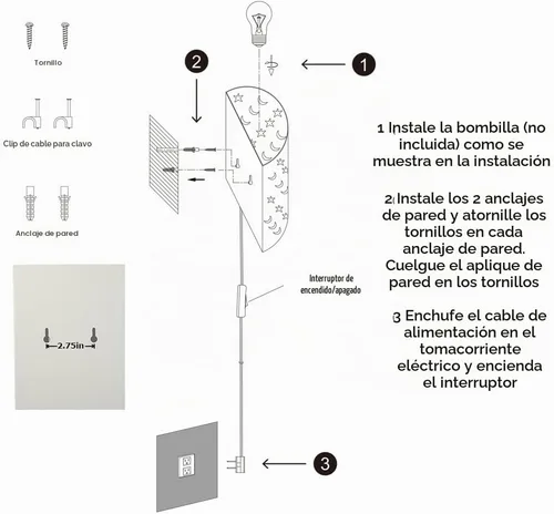 Vista 6 de Aplique de pared enchufable con estrellas y lunas para niños, lámpara de pared para habitación de bebé con interruptor de encendido/apagado de cable