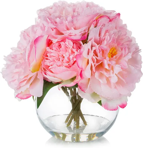 Vista 9 de ENOVA FLORAL Flor de peonía artificial con jarrón, arreglo de flores falsas, peonía sintética en jarrón de vidrio para decoración de cocina, oficina