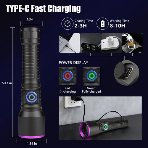 Vista 3 de Linterna UV de 365nm luz negra recargable, potente linterna de luz negra