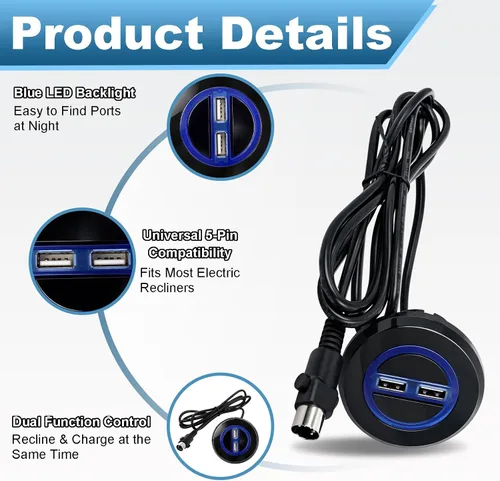 Vista 3 de Interruptor reclinable eléctrico de repuesto con puertos USB duales, 2 botones, control de mano redondo de 5 pines, control remoto reclinable