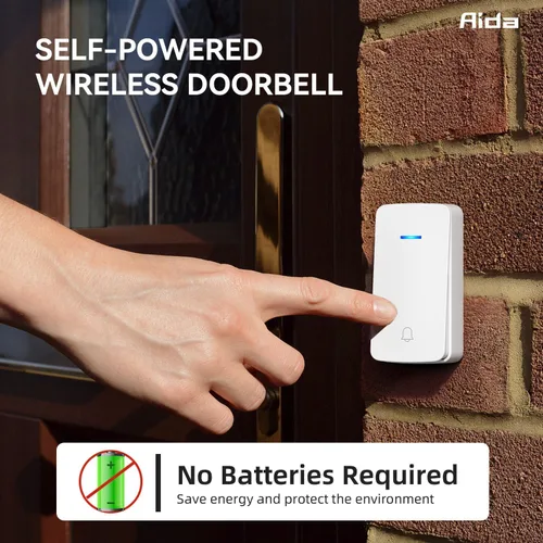 Vista 3 de AIDA Timbre inalámbrico para puerta, timbre autoalimentado con toma de corriente adicional, botón de presión sin necesidad de batería, timbre