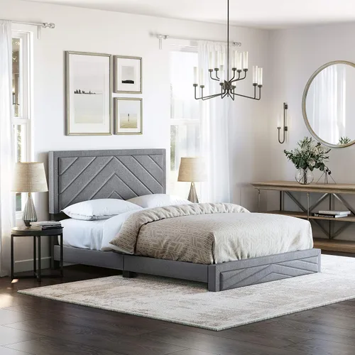 Vista 13 de Beaumont - Cama de plataforma tapizada con cabecero, base de colchón con 14 soportes de listones de madera, no requiere somier, piel sintética