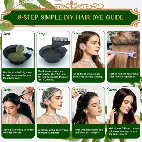 Vista 4 de Henna Powder Hair Color Kit with Complete Tools,150g,Home Use Natural Brown Convenient Tools Include: Bowl, Brush, Comb, Clips, Cape, Gloves & Cap