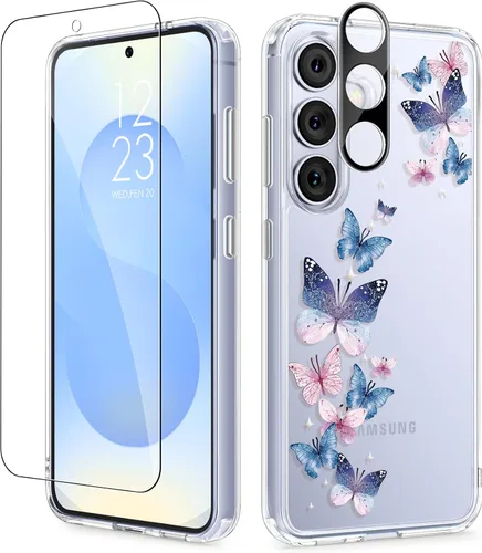 Vista 9 de GVIEWIN Funda protectora para Samsung Galaxy S25, transparente floral, delgada, a prueba de golpes, para mujer, no se pone amarilla, con protector
