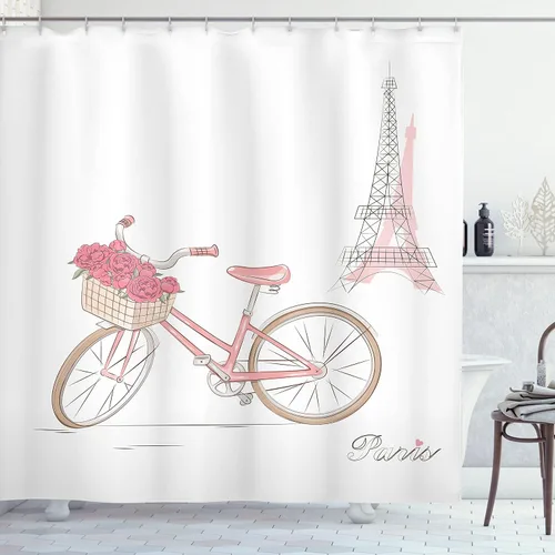 Vista 70 de set de cortina para baño decorativa de tela de poliéster con ganchos