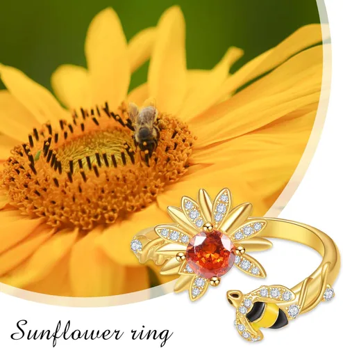 Vista 6 de Dreamboat Sterling Silver Sunflower Rings for Women Gold Ring Adjustable Spinner Ladybug Bee Flower Rings Flower Rings Cute Jewelry Gifts