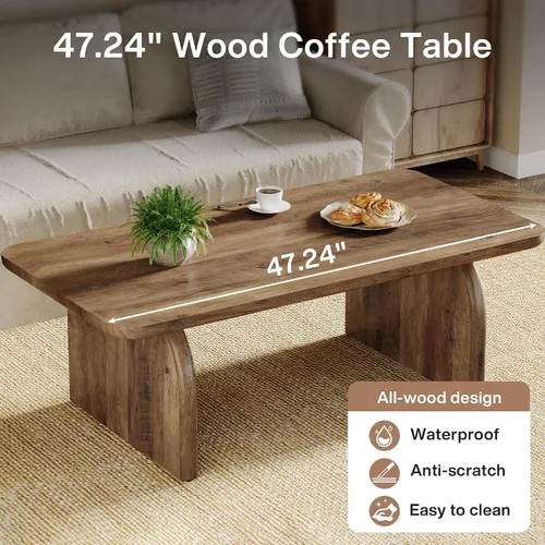 Vista 6 de Tribesigns - Mesa de café rectangular, mesa de 47 pulgadas de madera para sala de estar, mesa de centro baja de estilo granja con base resistente
