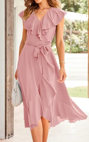 Vista 4 de PRETTYGARDEN - Verano 2024, vestido cruzado por debajo de la rodilla para mujer, con cuello en V profundo, estilo bohemio, floral, manga corta
