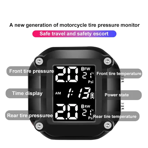 Vista 4 de Sistema de monitoreo de presión de neumáticos TPMS para motocicleta con pantalla LCD y 2 sensores externos, alarma de temperatura de neumáticos