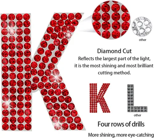 Vista 3 de PRATIQUE Calcomanías de letras del alfabeto con diamantes de imitación con purpurina, 26 letras autoadhesivas para arte y manualidades (rojo)
