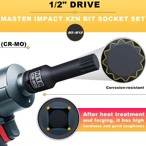 Vista 3 de 1/2" Drive Master Juego de llaves de impacto XZN, 10 piezas: M5 - M18, acero Cr-Mo, caja de almacenamiento resistente