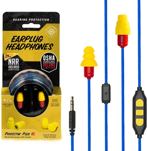 Vista 9 de Plugfones Protector Volume Limited Audio Earbuds, tapones para los oídos compatibles con OSHA con sonido, negro y rojo