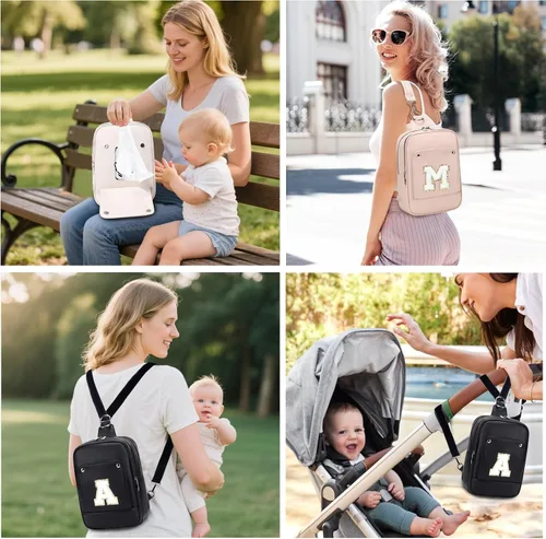 Vista 7 de MYHOZEE Bolsa de pañales pequeña con inicial para mujer, con dispensador de toallitas, mini mochila para pañales para mamá, bolso bandolera
