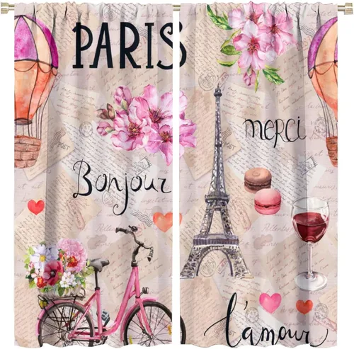Vista 39 de Cortinas de la Torre Eiffel de París, pintura al óleo, flores moradas, torres de ciudad, con bolsillo para barra, cortinas de ventana