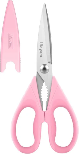 Vista 14 de iBayam Tijeras de cocina multiusos con funda protectora, tijeras de acero inoxidable duraderas, aptas para lavavajillas, mango cómodo de agarre suave